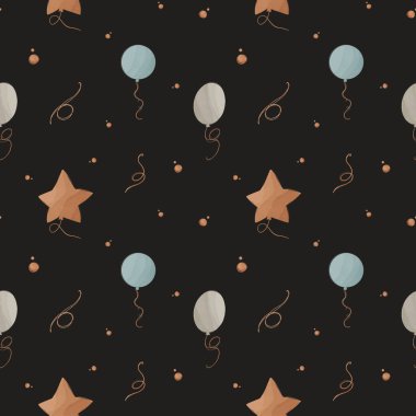 Kawaii kare pürüzsüz doğum günü balonu, siyah arka planda konfeti. Dokulu dijital sanat el çizimi. Kumaş, kırtasiye, ambalaj kağıdı, duvar kağıdı, yapıştırma kitabı