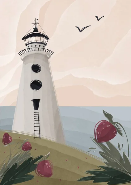 Mignon Rectangle Vertical Confortable Illustration Phare Plat Avec Des Fraises — Photo