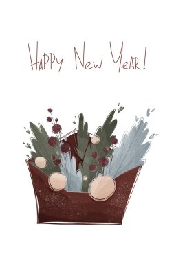 İçinde bir zarf, Noel ağacı dalları ve böğürtlen olan dikdörtgen kartpostal. Noel ve Yeni Yıl geçmişi. Dokulu dijital sanat. Web tasarımı, kırtasiye, poster, kartpostal, mektuplar, sosyal medya için yazdır