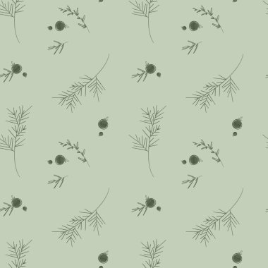 Yeni yıl için rahat, pürüzsüz bir şablon ve ladin dallı, kozalaklı, yeşil arka planda böğürtlenli bir Noel. Dokulu dijital sanat. Kumaş, kartpostallar, reklamlar, duvar kağıtları, tekstil, afişler için baskı