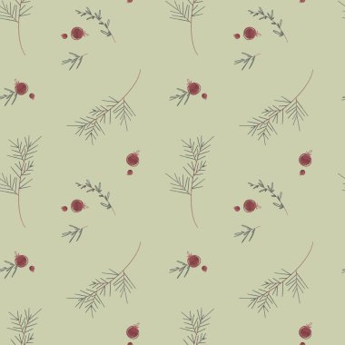 Yeni yıl için rahat, pürüzsüz bir şablon ve ladin dallı, kozalaklı, yeşil arka planda böğürtlenli bir Noel. Dokulu dijital sanat. Kumaş, kartpostallar, reklamlar, duvar kağıtları, tekstil, afişler için baskı