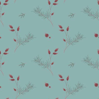 Yeni yıl için rahat, pürüzsüz bir şablon ve ladin dallı, kozalaklı, mavi arka planda böğürtlen. Dokulu dijital sanat. Kumaş, kartpostallar, reklamlar, duvar kağıtları, tekstil, afişler için baskı