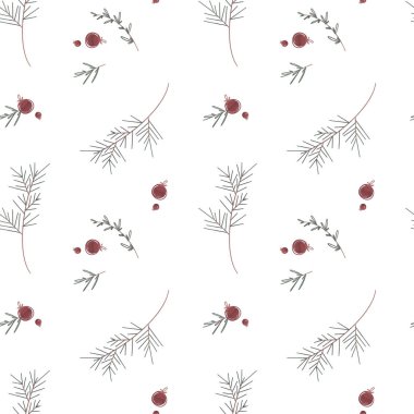 Yeni yıl için rahat, pürüzsüz bir şablon ve ladin dallı, kozalaklı, beyaz arka planda böğürtlenli bir Noel. Dokulu dijital sanat. Kumaş, kartpostallar, reklamlar, duvar kağıtları, tekstil, afişler için baskı