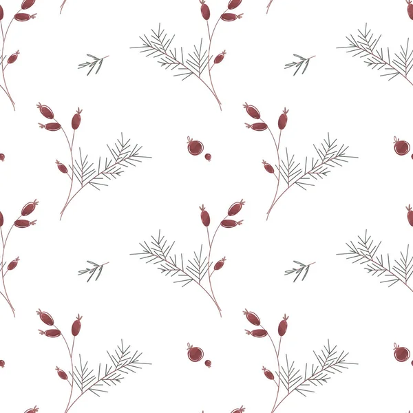 Yeni yıl için rahat, pürüzsüz bir şablon ve ladin dallı, kozalaklı, beyaz arka planda böğürtlenli bir Noel. Dokulu dijital sanat. Kumaş, kartpostallar, reklamlar, duvar kağıtları, tekstil, afişler için baskı