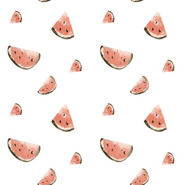 Kawaii yaz trendi kusursuz kare desenli egzotik tropikal karpuz beyaz arka planda izole edildi. Düz desenli dijital sanat. Kumaş, ambalaj kağıdı, ambalaj, defter, pankart için yazdır