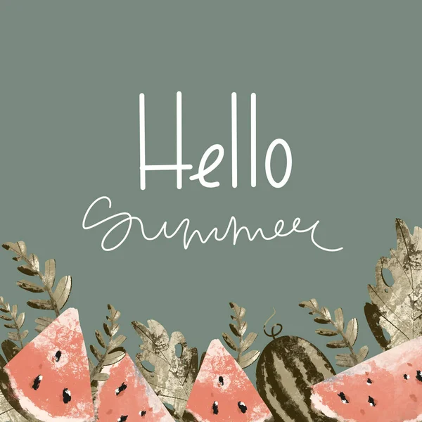 Kawaii Summer Trending Square Postcard Lettering Hello Summer Tropical Watermelon — Stock Photo, Image