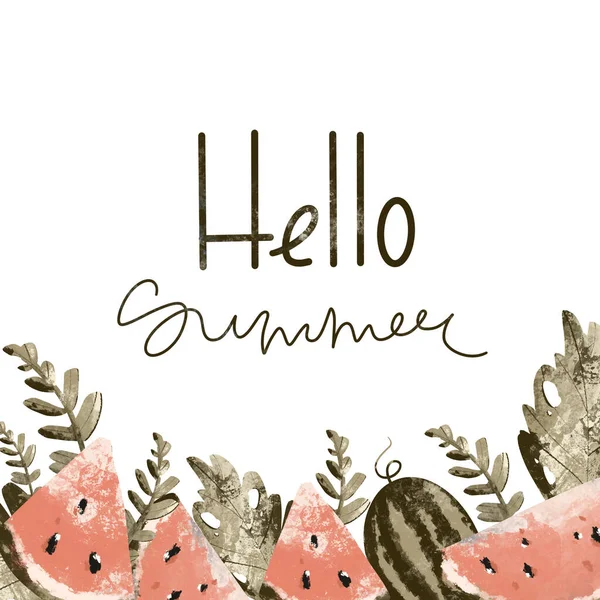 Kawaii Summer Trending Square Postcard Lettering Hello Summer Tropical Watermelon — Stock Photo, Image