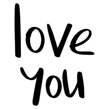 Kawaii, siyah harflerle yazılmış şirin el yazısı seni seviyor. Contour karalama çizgisi izole vektörü. Dövme, poster, kartpostal, davetiye, çıkartma, tatil, sevgililer günü