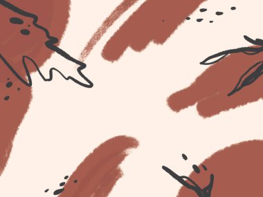 Memphis noktaları ve çizgiler terracotta kahverengisidir. Boya, geometri grafiklerinin sıvı guaj şeklini etkiler. Marka, ambalaj, tekstil, güzellik, eğilim, kırtasiye, sosyal medya için arka plan.