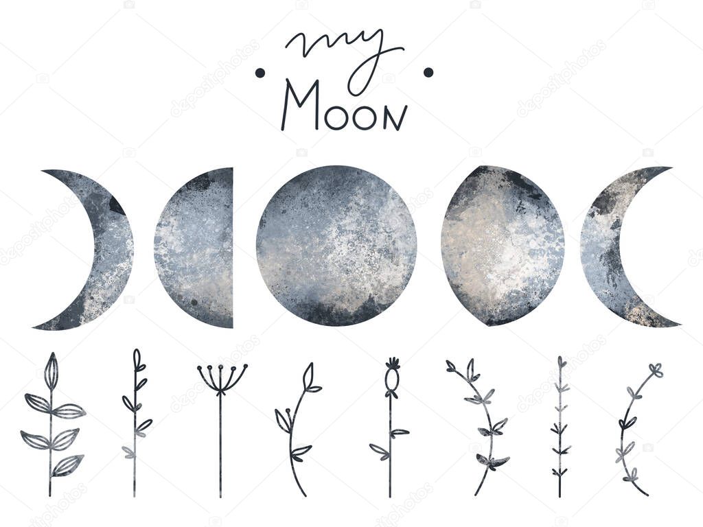 Moon phase and herbs set mystic and magic clip-art isolate on white background watercolor, liquid acrylic marble. Textured digital art. Prints for tattoo, sticker, postcard, packaging, textiles