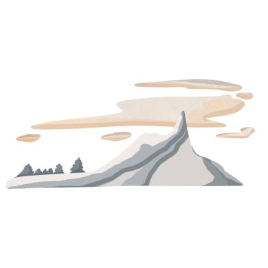 Köknar ağaçları ve bulutlarla kaplı dağ mavi desenli guaj eli beyaz arka planda izole edilir. Dijital sanat. Poster, afiş, reklam, duvar kağıdı, çıkartma, çıkartma, seyahat reklamı.