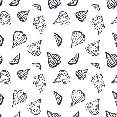 İncir ağacı karesi dikişsiz desen beyaz arka planda izole edilir. Karalama dijital sanat taslağı. Kumaş, duvar kağıdı, tekstil, güzellik, ürün paketleme, paketleme ve yapıştırma kitabı için yazdırma