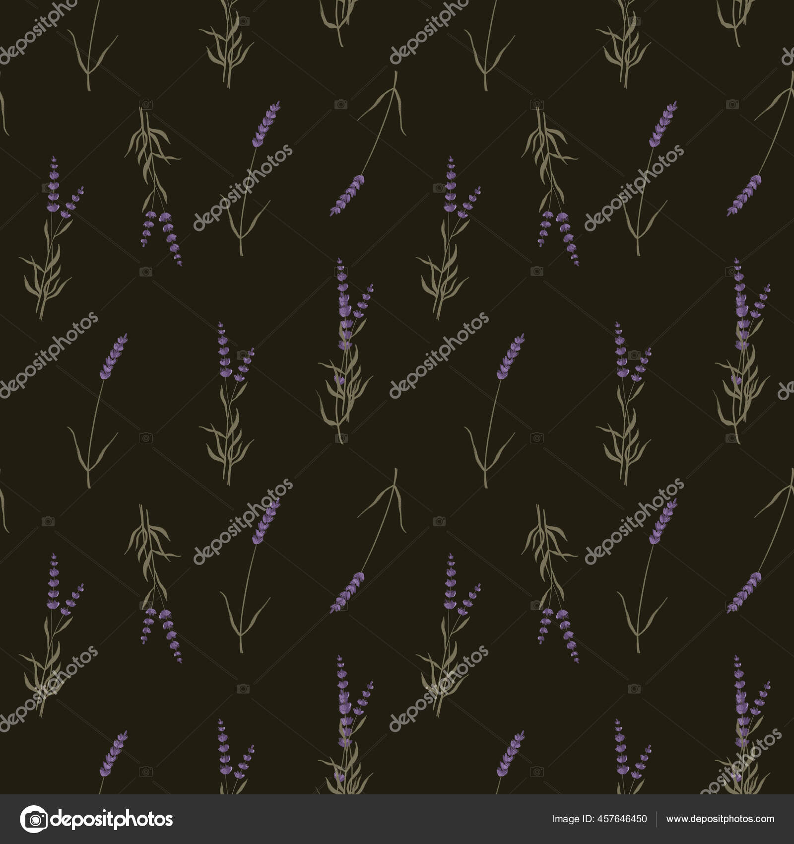 キッチン　—　文房具　ラベンダーの花の枝は黒の背景に隔離された正方形のシームレスなパターン　©　鉛筆カラーのデジタルスケッチ　包装紙印刷　ストック写真　#457646450