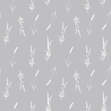 Lavanta çiçeğinin dalları, gri arka planda izole edilmiş kare, pürüzsüz desen. Kalem rengi dijital çizim. Kağıt baskısı, tekstil, kazanç, mutfak, tabak, kırtasiye, parfüm