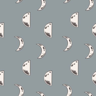 Ay, mavi arka planda kare, pürüzsüz desen oluşturur. Klasik kalem taslağı dijital sanat. Kırtasiye, tekstil, falcılık, sihir, tarot kartları, davetiyeler, Cadılar Bayramı ve mistisizm