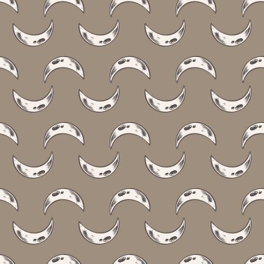 Ay, bej arka planda kare, pürüzsüz desen oluşturur. Klasik kalem taslağı dijital sanat. Kırtasiye, tekstil, falcılık, sihir, tarot kartları, davetiyeler, Cadılar Bayramı ve mistisizm