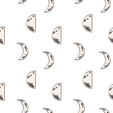 Ay, beyaz arka planda kare, pürüzsüz desen oluşturur. Klasik kalem taslağı dijital sanat. Kırtasiye, tekstil, falcılık, sihir, tarot kartları, davetiyeler, Cadılar Bayramı ve mistisizm