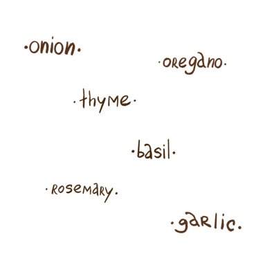 Beyaz arka planda izole edilmiş bitkilerin ve baharatların el yazısı. Renkli kalem çizimi. Menüler, tarifler, yemek tarifleri, tekstil, çıkartma, kartpostal, dövme, kitap