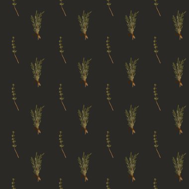 Baharatlar, baharatlar, mutfaklar için yeşil dallar ve tarifler, siyah arka planda izole edilmiş kare, dikişsiz desenler. Doku çizimi sanatı. Tekstil, kitap, tarif, kafe, menü, ambalaj için yazdır
