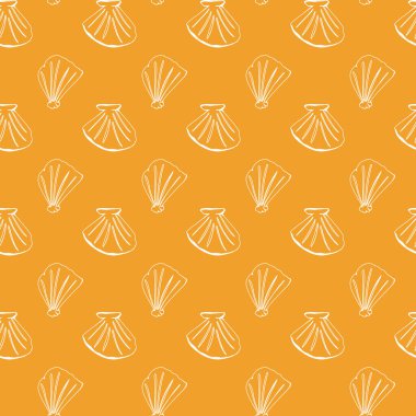 Deniz kabuğu karalaması turuncu arka planda izole edilmiş. Dijital sanat. Menü, kafe, ambalaj, tesktil, kartpostal, afiş, poster, marka