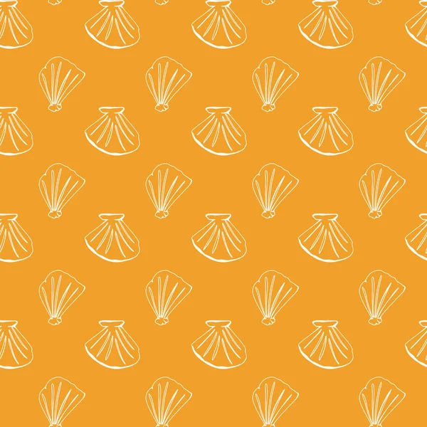 贝壳轮廓涂鸦无缝方形图案隔离橙色背景 数字艺术 用于菜单 咖啡店 明信片 品牌印刷 — 图库照片
