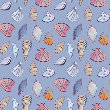 Suluboya deniz kabuğu okyanus karesi dikişsiz desen leylak arka planda izole edilir. Kumaş, tekstil, kartpostal, afiş, poster, kırtasiye, ambalaj kağıdı, marka