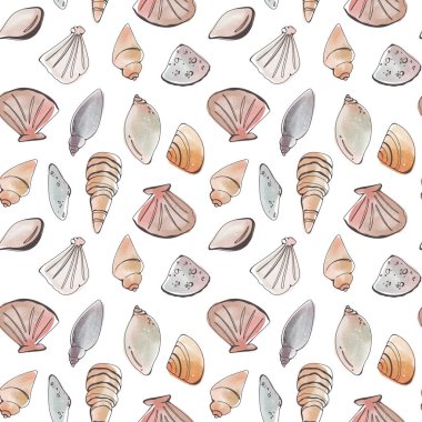 Suluboya deniz kabuğu okyanus karesi kusursuz desen beyaz arka planda izole edilir. Kumaş, tekstil, kartpostal, afiş, poster, kırtasiye, ambalaj kağıdı, marka