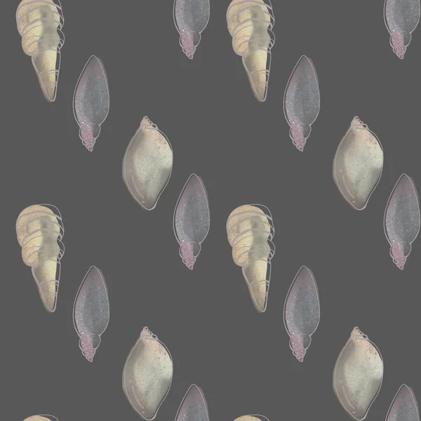 Watercolor Seashell Sea Oceanic Square Seamless Pattern Isolate Gray Background — Stock Photo, Image