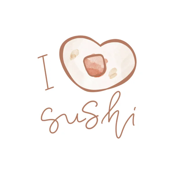 Watercolor Asian Food Lettering Love Sushi Isolate White Background Textured — Stock Photo, Image