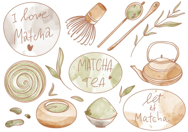 Clip Art Πράσινο Τσάι Matcha Τσαγιέρα Κύπελλο Φύλλα Που Απομονώνουν — Φωτογραφία Αρχείου