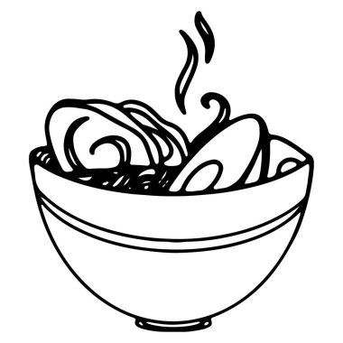 Beyaz arka planda klip sanatı, Asya yemekleri izole edilmiş. Karalama ana hatlarıyla dijital illüstrasyon. Menüler, kafeler, çıkartmalar, restoranlar, kırtasiye, ambalaj için yazdırma