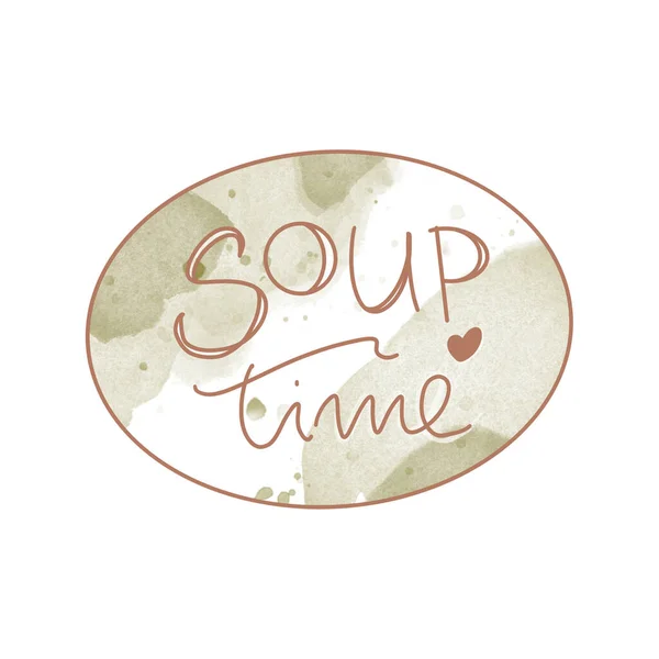 用白色背景隔绝剪贴式字母汤的时间 水彩画数字插图 为菜单 咖啡馆 包装印刷 — 图库照片