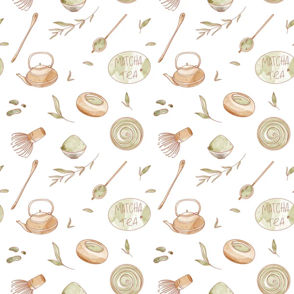 绿色传统的亚洲茶正方形无缝图案隔离的白色背景 纹理水彩画数字艺术 用于菜单 咖啡店 纺织品 包装纸印刷 — 图库照片