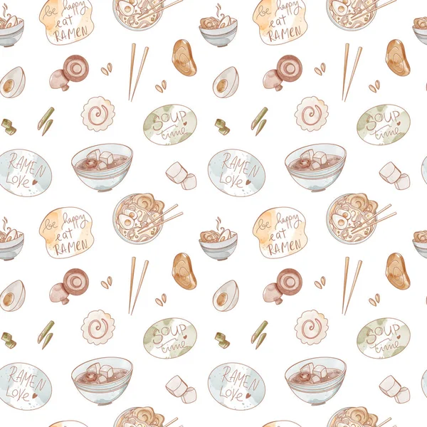 方块无缝图案的亚洲菜汤拉面和米索隔离的白色背景 纹理水彩画数字艺术 海报印刷 — 图库照片