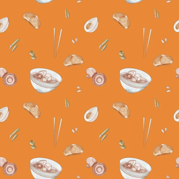 Kwadratowy Bezszwowy Wzór Azjatyckiej Zupy Spożywczej Ramen Izolat Miso Pomarańczowym — Zdjęcie stockowe