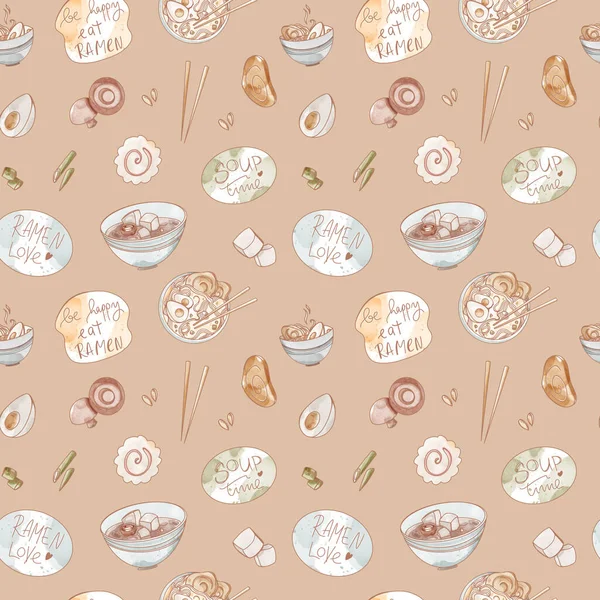 Squared Seamless Pattern Asian Food Soup Ramen Miso Isolate Beige — Stock Photo, Image