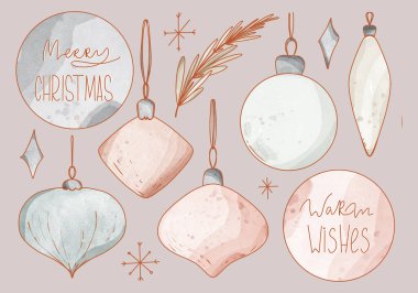 Zarif, sihirli Noel baloları, kar tanesi, Noel harfleri. Dokusal suluboya dijital sanat. Dokusal suluboya dijital sanat. Dövme yazdırma, çıkartma, kartpostal, sosyal medya paylaşımı, ambalaj, marka