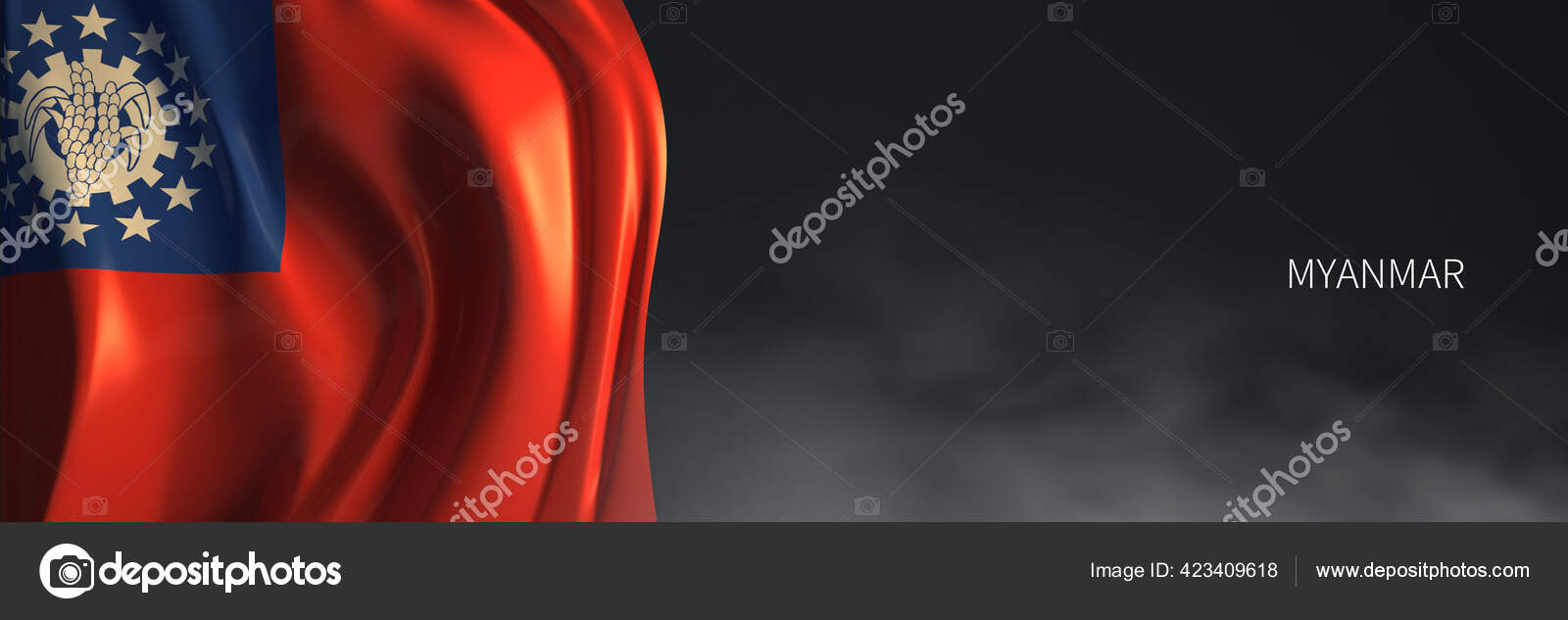 具有黑暗背景的缅甸国旗3d亚洲国家国旗的绘制 图库照片 C Tunasalmon