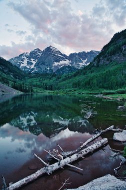 Sunset 'te Aspen Colorado' da kestane rengi çanlar. Güzel kestane rengi ve camdan yansıyan pembe bulutlar. Kayalıklar ve ağaçlar arasında çerçevelenmiş sudaki dağların yansıması