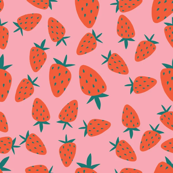 Pembe arka planı olan kusursuz taze kırmızı çilek deseni - vektör illüstrasyonu kusursuz tekrarla.