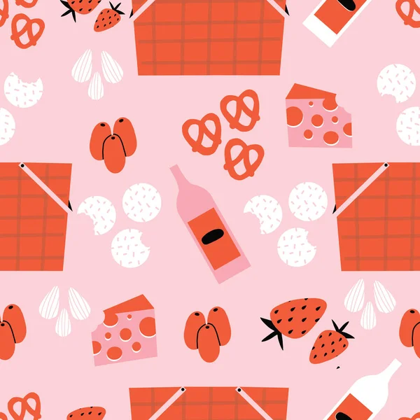 Pembe ve kırmızı piknik desenleri piknik sepetleri, zeytinler, bademler, krakerler, peynirler, krakerler ve şarapla tekrar ediyor..