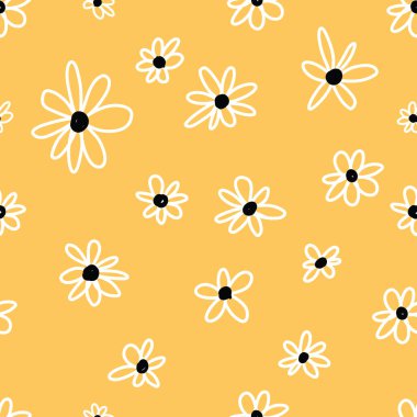 Sarı arka planlı Şirin Papatya Çiçeği deseni. Kusursuz çiçek deseni. Beyaz Daisy. Tekerrür eden bir doku. Doku yineleniyor. 