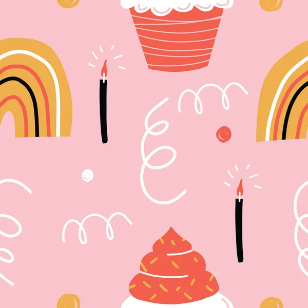 Rosa Feliz Cumpleaños sin costuras patrón de repetición con velas garabatos cupcakes y arco iris. — Vector de stock