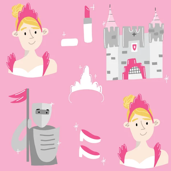 Rosa Handgezeichnetes nahtloses Vektorillustrationsmuster für kleine Prinzessinnen mit Schloss, Lippenstift, Ritter in Rüstung, Diadem und blonder Prinzessin. — Stockvektor
