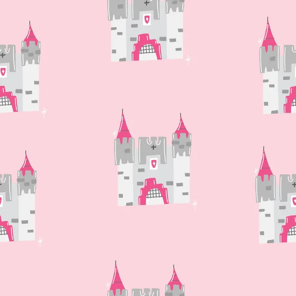 Rosa Handgezeichnetes nahtloses Vektorillustrationsmuster für kleine Prinzessinnen mit Schloss, Lippenstift, Ritter in Rüstung, Diadem und blonder Prinzessin. — Stockvektor