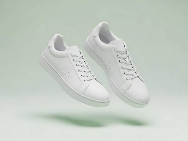 Açık Yeşil Arkaplanda Havada Yüzen Minimalist Beyaz Spor Ayakkabılar