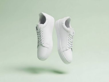 Açık Yeşil Arkaplanda Havada Yüzen Minimalist Beyaz Spor Ayakkabılar