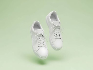 Moda veya Yaşam Tarzı Kullanımı için Açık Yeşil Arkaplanda Yüzen Beyaz Spor Ayakkabılar