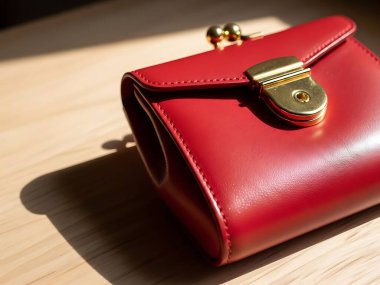 Güneş Işığında Tahta Masada Altın Hırdavat ile Kırmızı Debriyaj