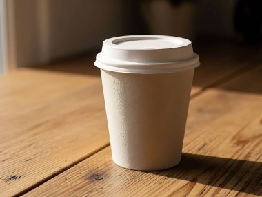 Güneş Işığı Gölgeli Tahta Masa 'da tek kullanımlık kahve fincanı